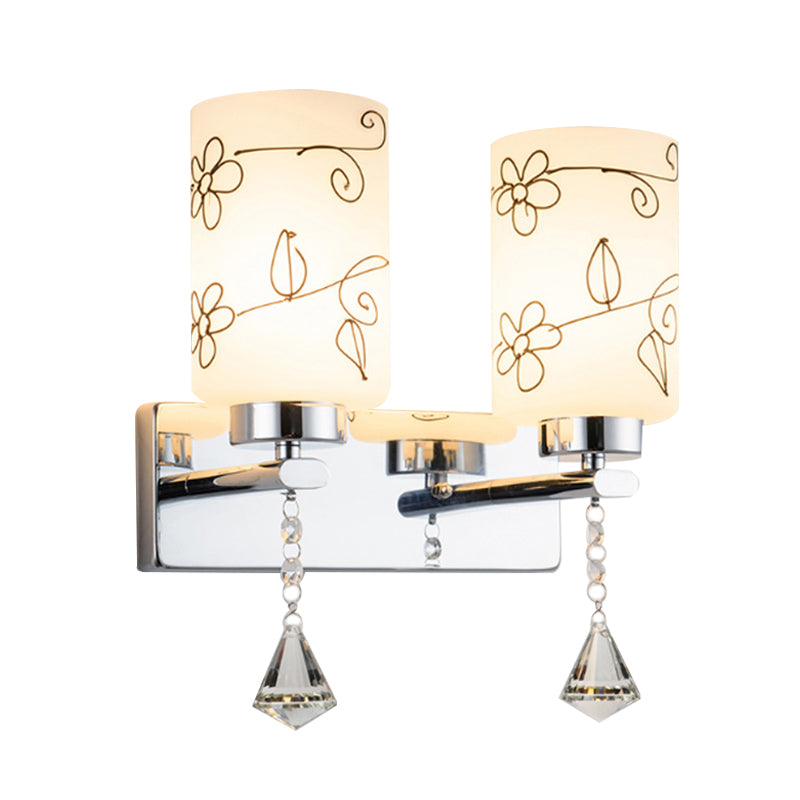 Lampe applique du cylindre en verre blanc moderne 2 ampoules Éclairage mural en chrome avec motif de fleur