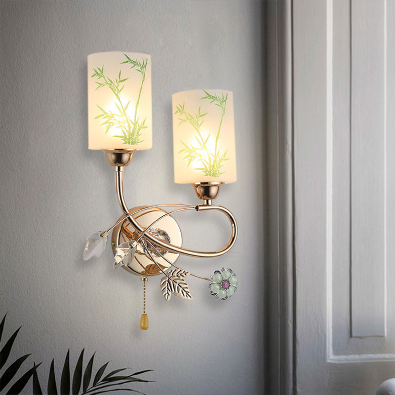 Painted Glass Cylinder Sconce Lighting Modernist 2 Lights Gold Pull Chain Wall Mounted Lamp