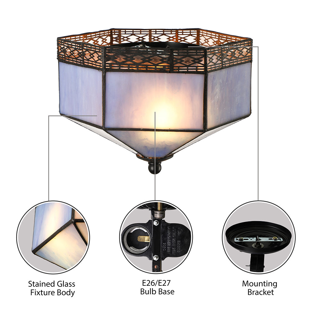 Plafonnier bleu pour chambre à coucher, 2 lumières, luminaire Tiffany encastré avec abat-jour géométrique en verre artistique