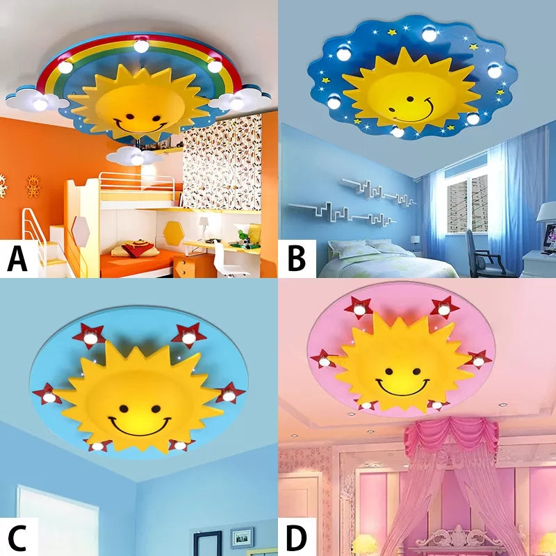 Cartoon Smiling Sun Flush Ceiling Light Wood Ceiling Mount Light in Yellow for Game Room