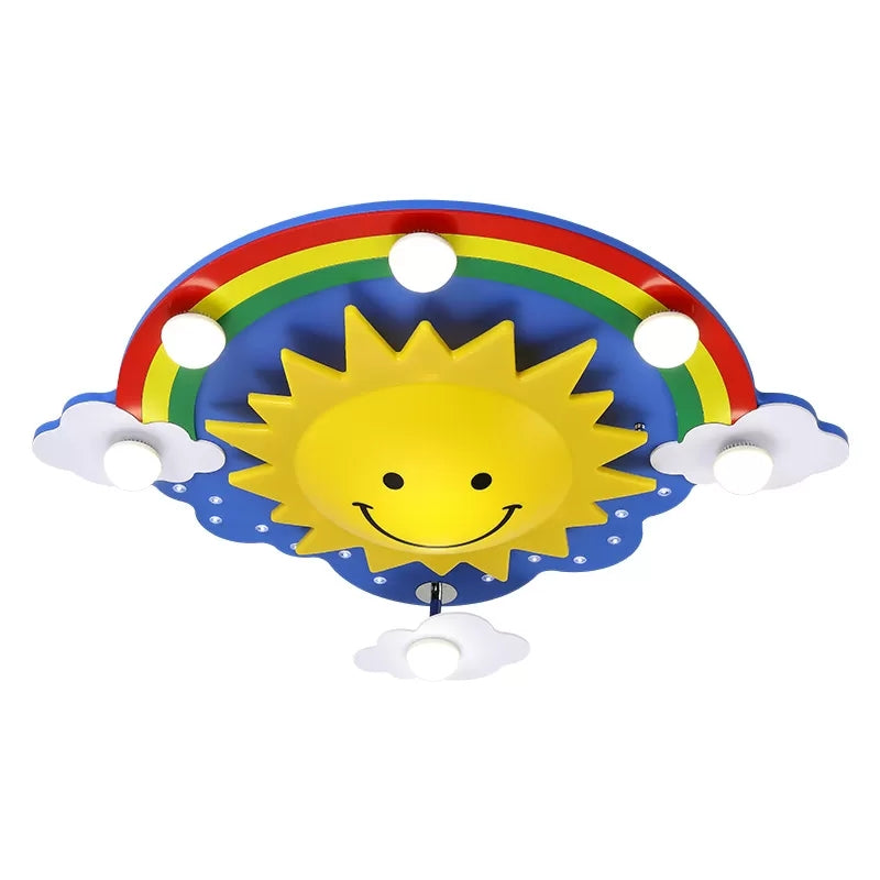 Cartoon Smiling Sun Flush Ceiling Light Wood Ceiling Mount Light in Yellow for Game Room