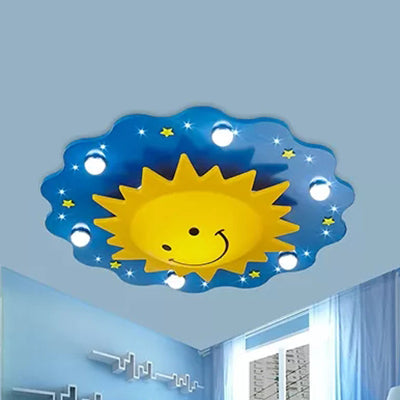 Cartoon Smiling Sun Flush Ceiling Light Wood Ceiling Mount Light in Yellow for Game Room