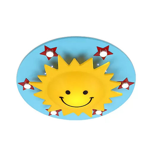 Cartoon Smiling Sun Flush Ceiling Light Wood Ceiling Mount Light in Yellow for Game Room