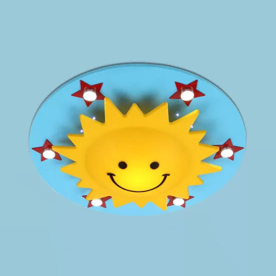 Cartoon Smiling Sun Flush Ceiling Light Wood Ceiling Mount Light in Yellow for Game Room
