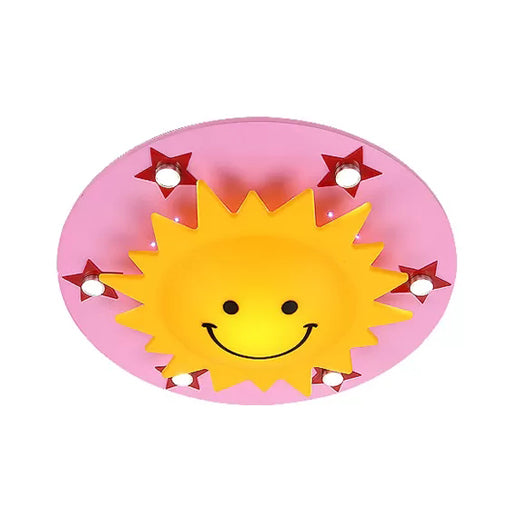 Cartoon Smiling Sun Flush Ceiling Light Wood Ceiling Mount Light in Yellow for Game Room
