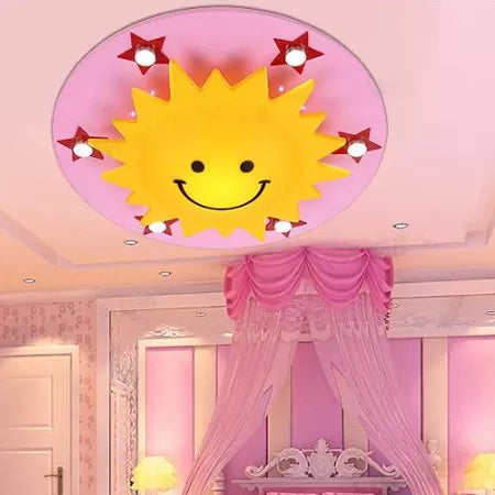 Cartoon Smiling Sun Flush Ceiling Light Wood Ceiling Mount Light in Yellow for Game Room