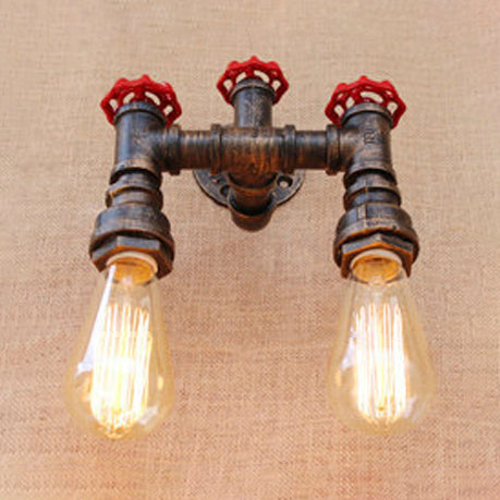Loft Industrial Pipe Wall Lighting Fixture with Valve Wheel 2 Lights Wrought Iron Sconce Light in Antique Bronze