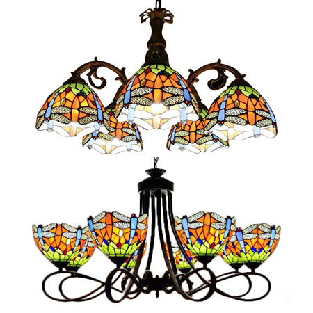 Stained Glass Dragonfly Hanging Chandelier Rustic Lodge 5/8 Lights Suspension Light for Stairway