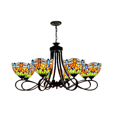 Stained Glass Dragonfly Hanging Chandelier Rustic Lodge 5/8 Lights Suspension Light for Stairway