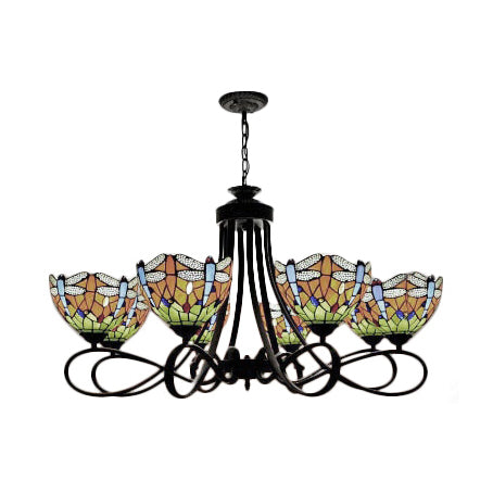 Stained Glass Dragonfly Hanging Chandelier Rustic Lodge 5/8 Lights Suspension Light for Stairway
