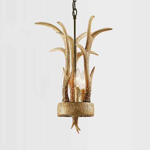 Antler Horn Chandelier Light Lodge Style 3 Lights Resin Pendant Lighting in Wood