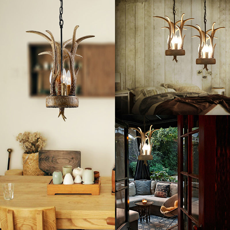 Antler Horn Chandelier Light Lodge Style 3 Lights Resin Pendant Lighting in Wood