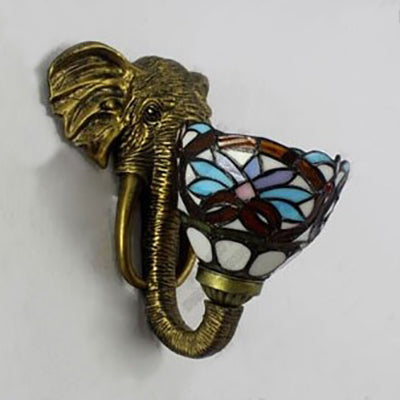 Bowl Sconce Lighting with Elephant Design and Flower/Morning Glory/Dragonfly/Blue Flower Pattern Lodge Style Stained Glass Wall Lamp in Brass