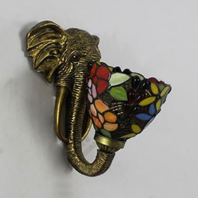Bowl Sconce Lighting with Elephant Design and Flower/Morning Glory/Dragonfly/Blue Flower Pattern Lodge Style Stained Glass Wall Lamp in Brass