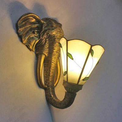 Resin Elephant Wall Lighting with Stained Glass Cone Shade 1 Light Rustic Wall Sconce