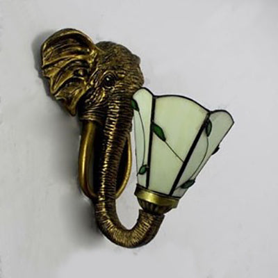 Resin Elephant Wall Lighting with Stained Glass Cone Shade 1 Light Rustic Wall Sconce