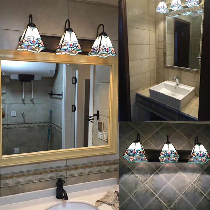3 Heads Pyramid Vanity Sconce Light Tiffany White Glass Wall Mounted Light for Bathroom