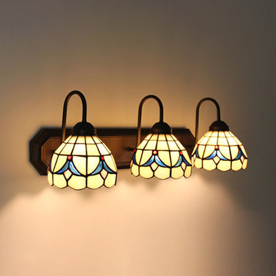 Beige Glass Dome Wall Mounted Light Baroque 3 Heads Black Sconce Lighting with Flower Pattern