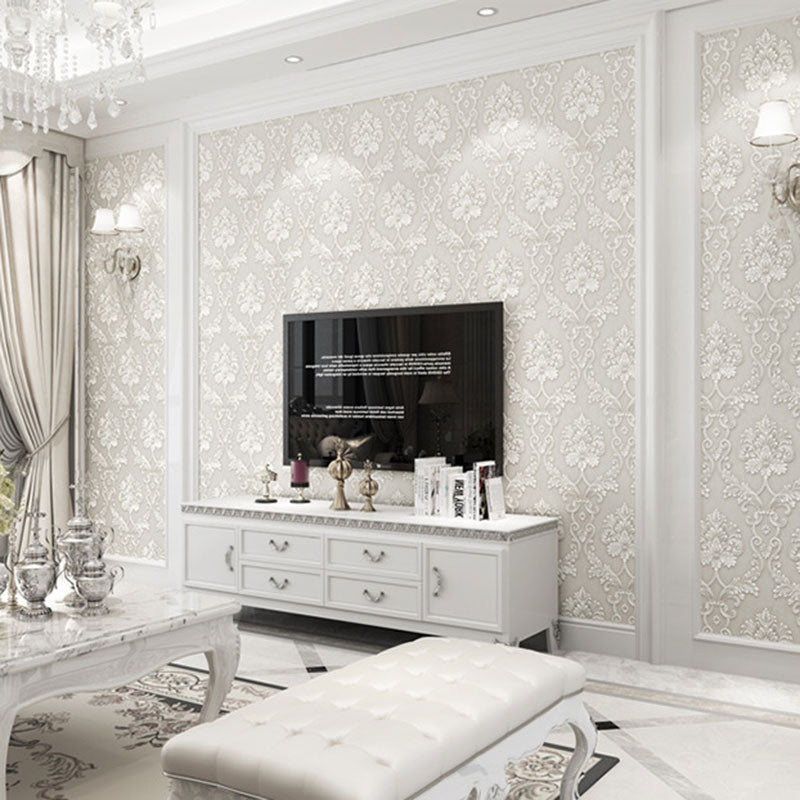 Non-Woven Wallpaper Roll with 3D Visual Damask Design, Neutral Color, 20.5 in x 31 ft