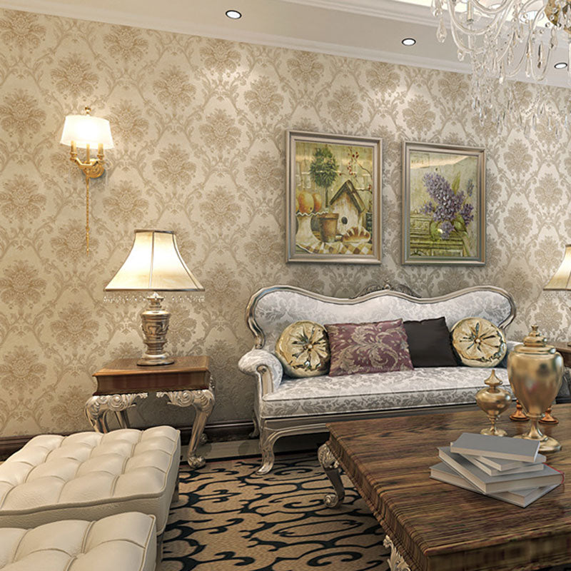 Living Room Wallpaper Roll with Neutral Color Damask Design, 33'L x 20.5"W, Non-Pasted