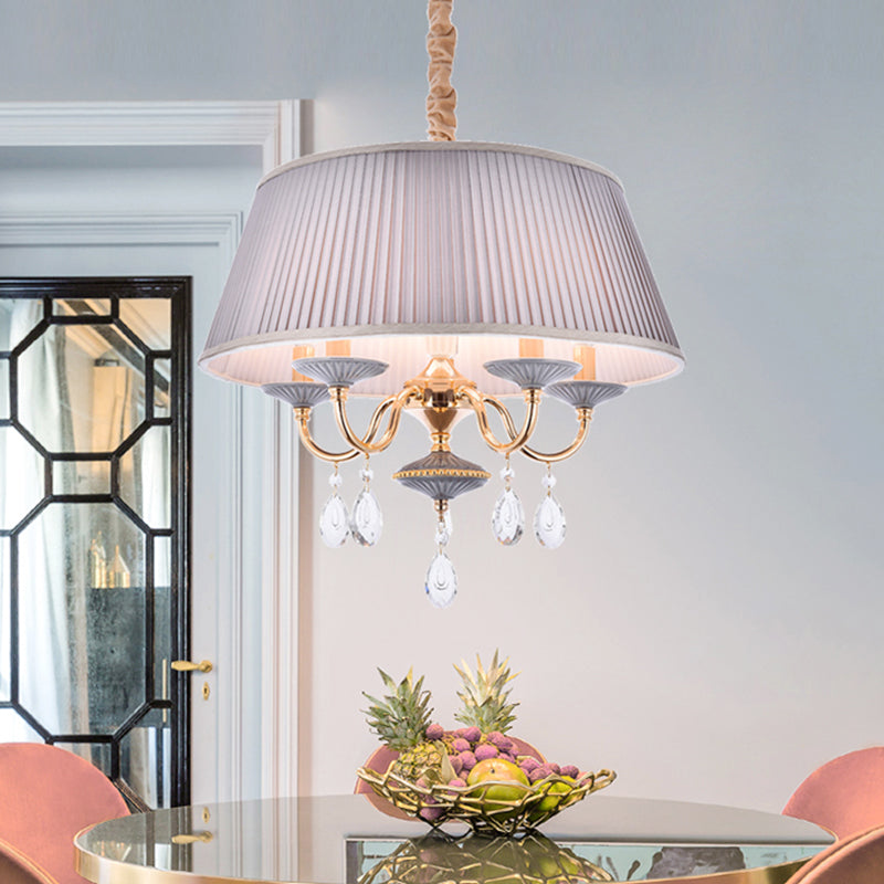White/Grey Fabric Shade Chandelier Tapered Drum 5-Light Modernism Hanging Light Fixture