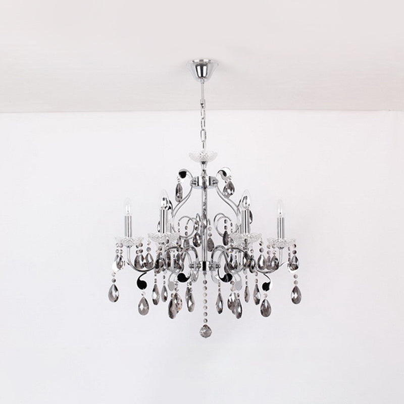 6 Lights Candle-Style Hanging Chandelier with Swirled Arm Smoke Grey Crystal Contemporary Dining Room Suspension Lamp