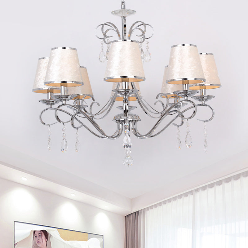 Conical Fabric Shade Pendant Chandelier Modern 8 Heads Bedroom Candle Ceiling Hang Fixture in Beige