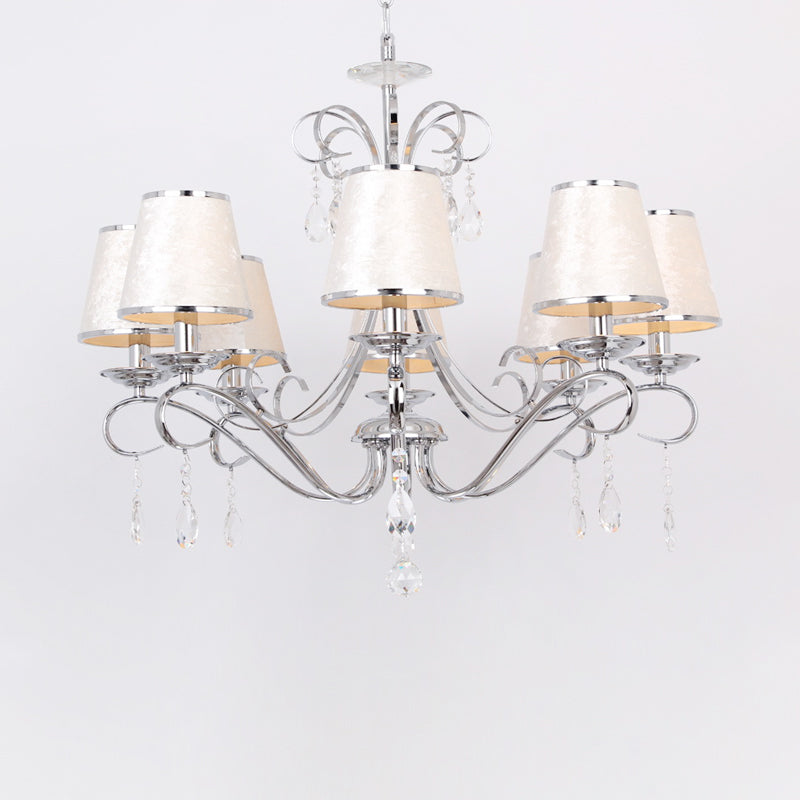 Conical Fabric Shade Pendant Chandelier Modern 8 Heads Bedroom Candle Ceiling Hang Fixture in Beige