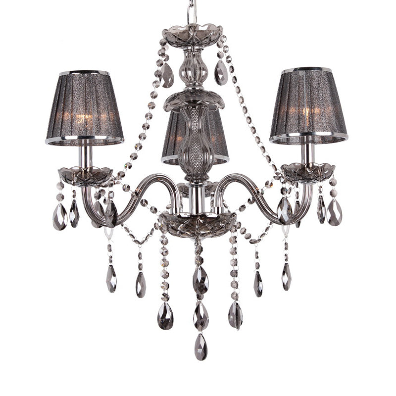 Candelabra Ceiling Chandelier Contemporary 3-Head Crystal Suspension Lighting with Fabric Shade in Grey