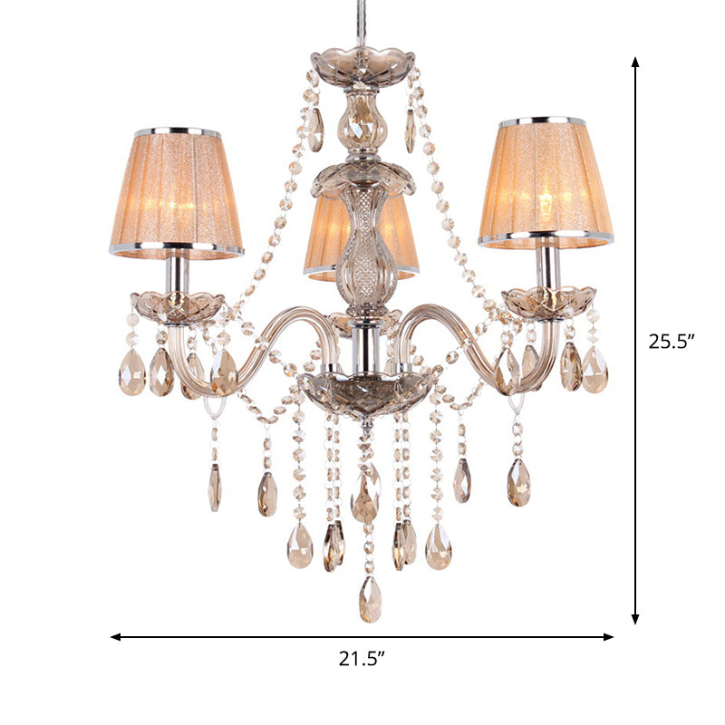 3-Head Ceiling Chandelier Modernism Umber Crystal Droplet Pendant Light Kit with Pleated Fabric Shade in Gold