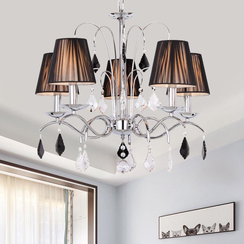Black 5 Lights Chandelier Light Contemporary Pleated Fabric Barrel Shade Ceiling Light Fixture with Swirled Arm
