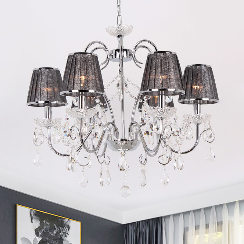 Candle-Style Chandelier Light Nordic 6-Bulb Clear K9 Crystal Ceiling Pendant Light with Pleated Fabric Shade in Grey