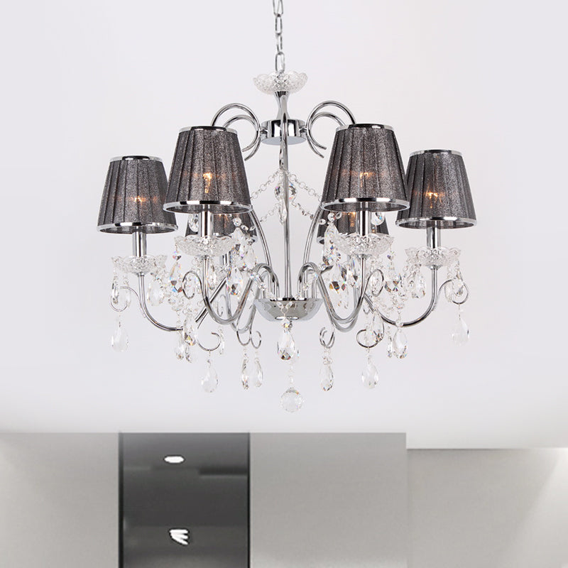Candle-Style Chandelier Light Nordic 6-Bulb Clear K9 Crystal Ceiling Pendant Light with Pleated Fabric Shade in Grey