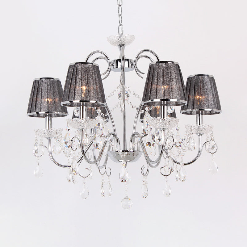 Candle-Style Chandelier Light Nordic 6-Bulb Clear K9 Crystal Ceiling Pendant Light with Pleated Fabric Shade in Grey