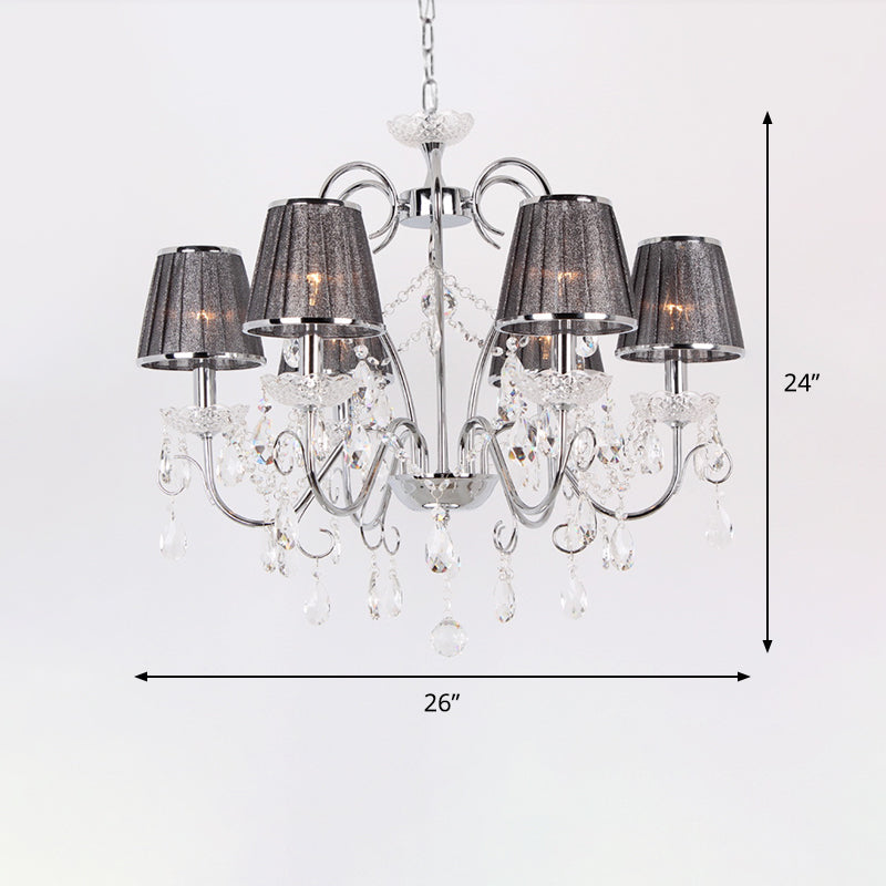 Candle-Style Chandelier Light Nordic 6-Bulb Clear K9 Crystal Ceiling Pendant Light with Pleated Fabric Shade in Grey
