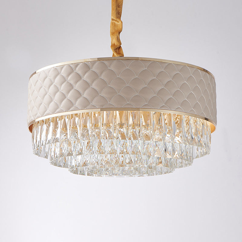 Drum Ceiling Light Post Modern 10-Light Clear Crystal Chandelier Light Fixture with Leatherwear Shade