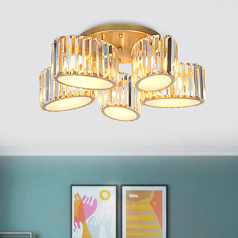 Post Modern Oval/Teardrop Semi Flush Lamp 5-Light Carved Crystal Ceiling Mounted Fixture in Gold