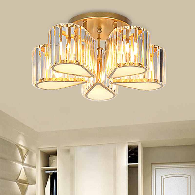 Post Modern Oval/Teardrop Semi Flush Lamp 5-Light Carved Crystal Ceiling Mounted Fixture in Gold