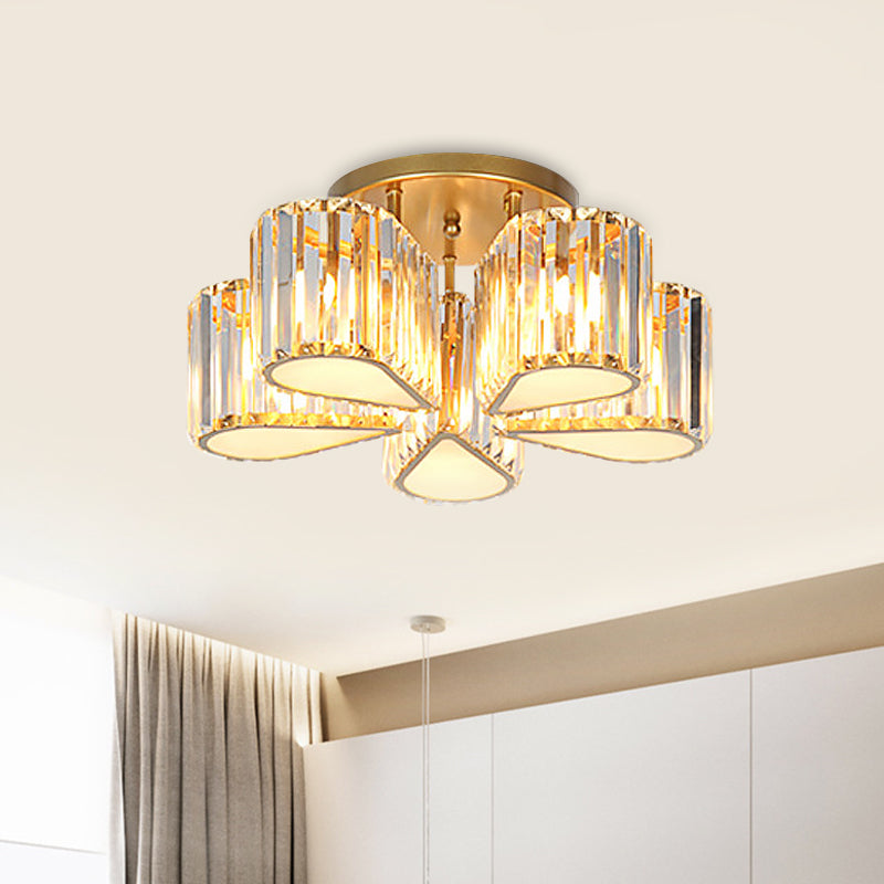 Post Modern Oval/Teardrop Semi Flush Lamp 5-Light Carved Crystal Ceiling Mounted Fixture in Gold