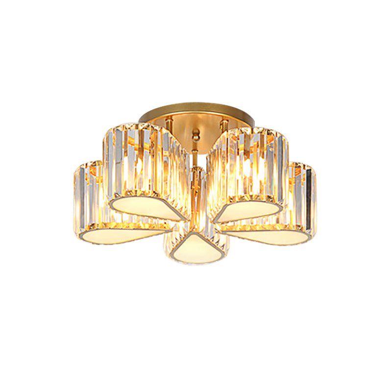 Post Modern Oval/Teardrop Semi Flush Lamp 5-Light Carved Crystal Ceiling Mounted Fixture in Gold