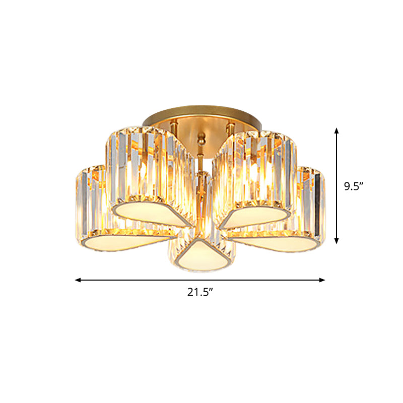 Post Modern Oval/Teardrop Semi Flush Lamp 5-Light Carved Crystal Ceiling Mounted Fixture in Gold