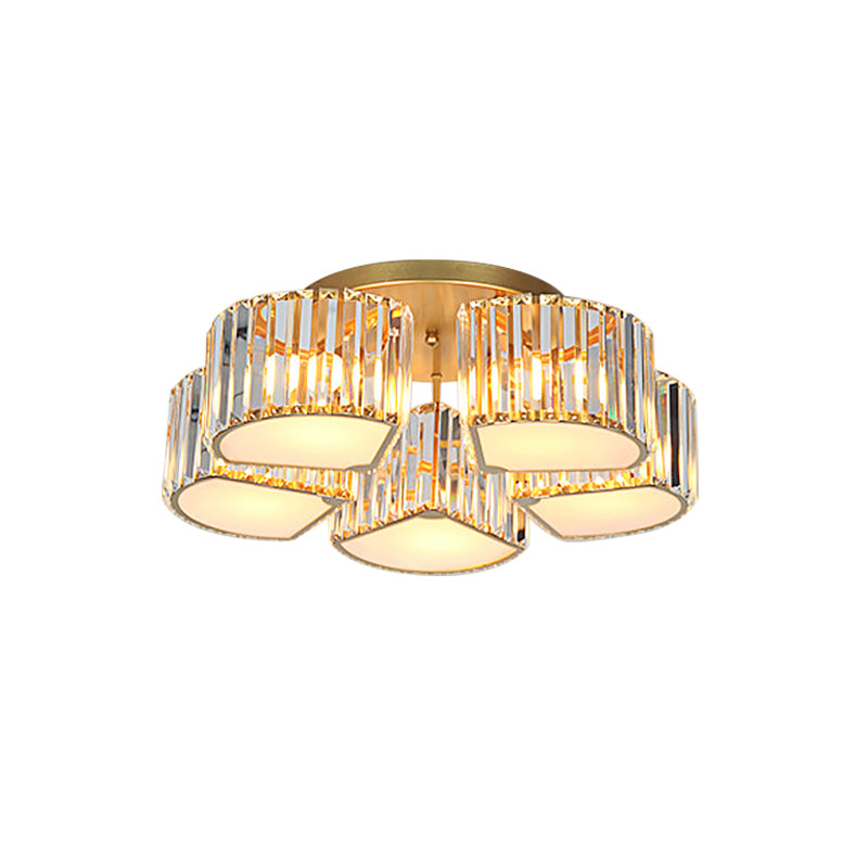 5/7-Head Semi Flush Mount Light with Shell/Square Shade Crystal Modernism Dining Room Ceiling Light Fixture in Gold