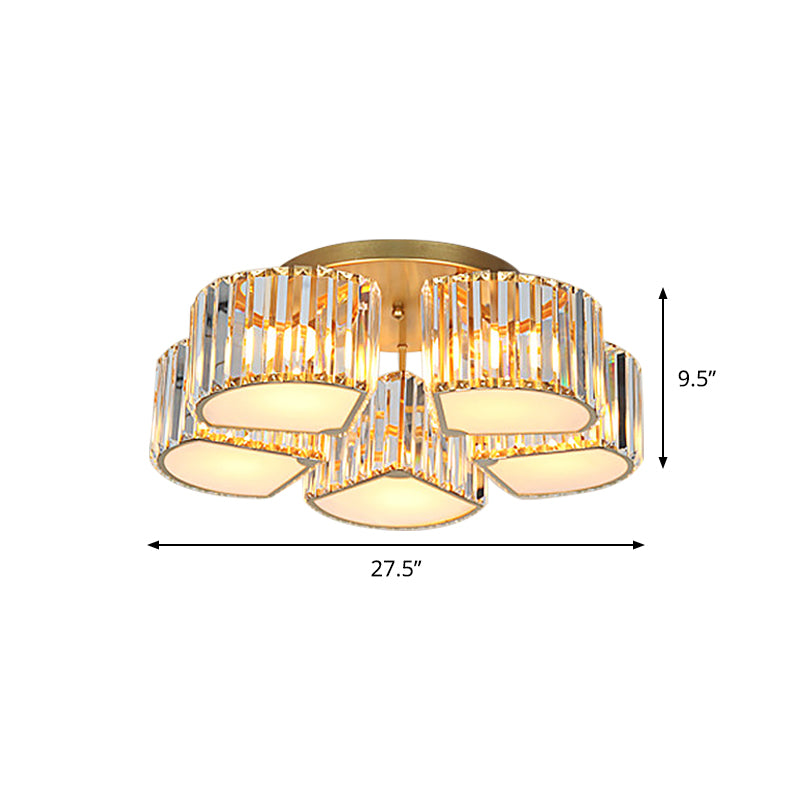 5/7-Head Semi Flush Mount Light with Shell/Square Shade Crystal Modernism Dining Room Ceiling Light Fixture in Gold