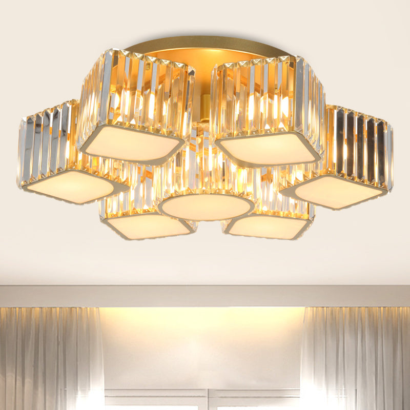 5/7-Head Semi Flush Mount Light with Shell/Square Shade Crystal Modernism Dining Room Ceiling Light Fixture in Gold