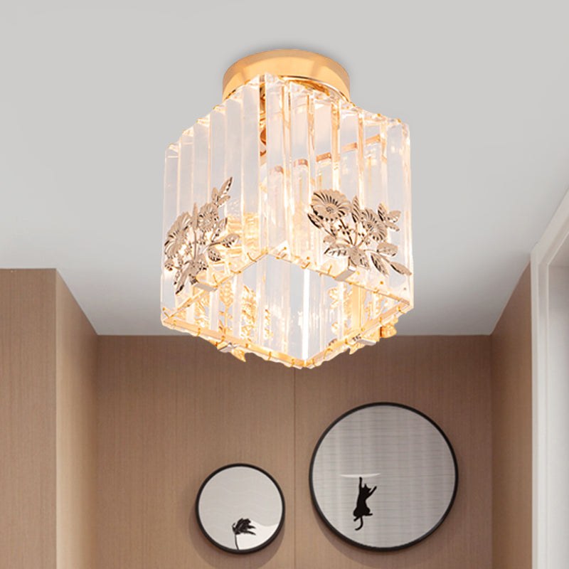 Cube Shape Semi Flush Light Fixture Nordic 1-Bulb Carved Crystal Ceiling Mounted Light in Gold