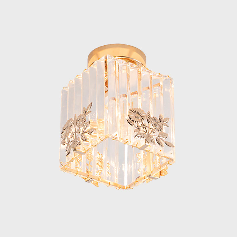 Cube Shape Semi Flush Light Fixture Nordic 1-Bulb Carved Crystal Ceiling Mounted Light in Gold