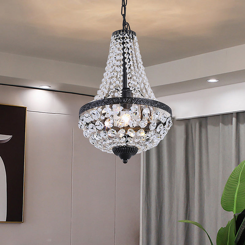 1 Bulb Ceiling Hang Fixture with Basket Frame Shade Crystal Strand Countryside Restaurant Suspension Light