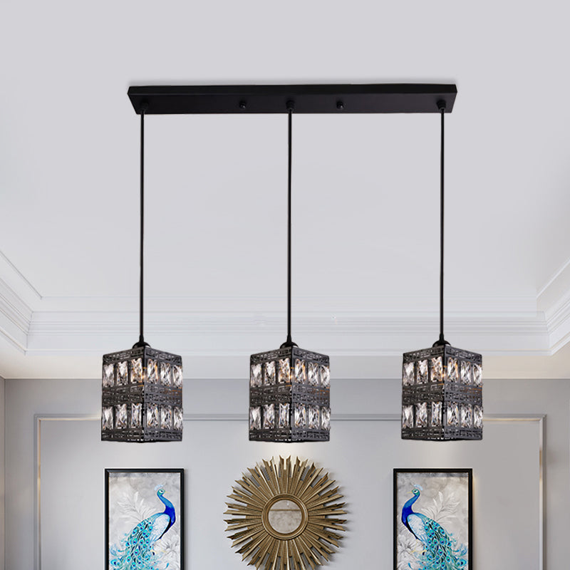 Black Finish Cuboid Cluster Pendant Light Modernist 3 Lights Crystal Block Suspension Lamp