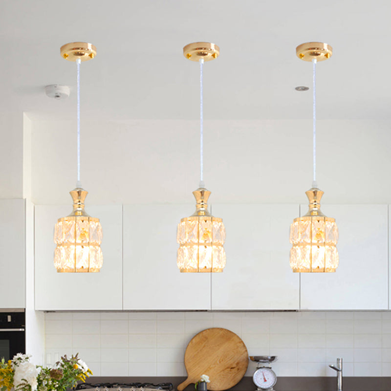 Modern Cylinder Hanging Lamp Kit Crystal Block 1 Head Dining Room Pendulum Light in Gold