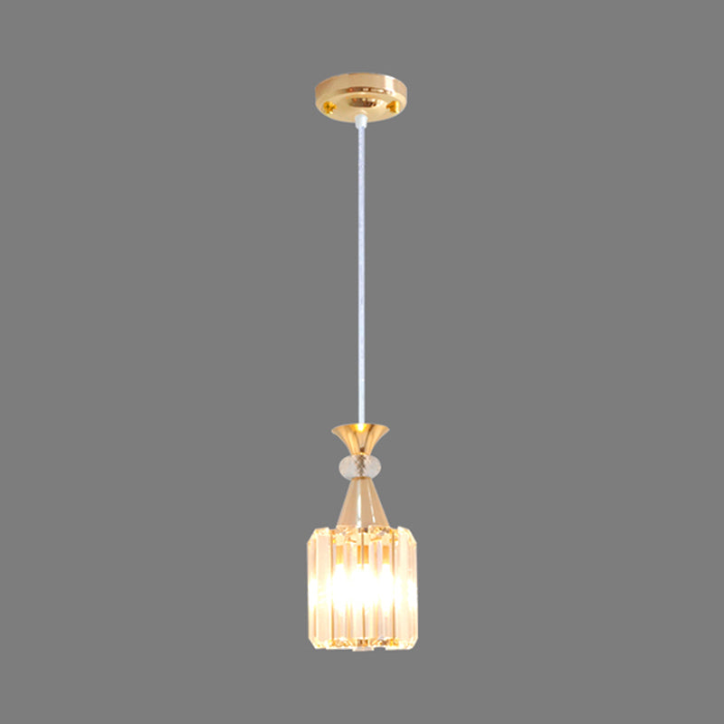 Crystal Prisms Cylinder Ceiling Light Fixture Simple Single Suspension Pendant in Gold